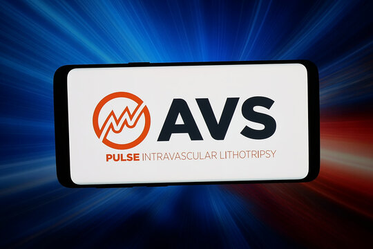 Stuttgart, Germany - 04-23-2026: In this photo illustration, the logo of Amplitude Vascular Systems (AVS Pulse Inc.) is displayed on a smartphone in front of abstract background on computer screen.