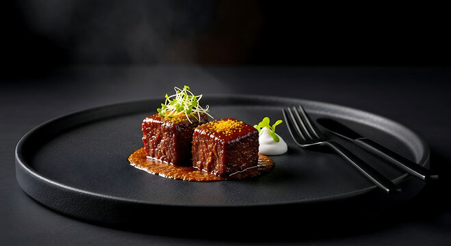 gourmet beef rendang cubes with golden spice glaze on dark plate fine dining