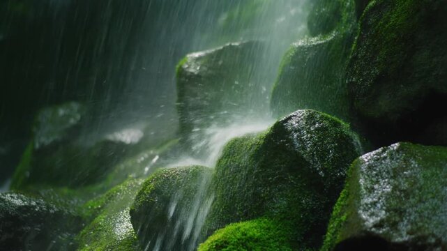 Vibrant green moss on wet stones with cascading water creating atmospheric spray in nature