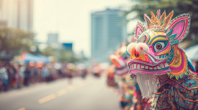 Vibrant Dragon Dance Festival performance on a bustling street with a colorful dragon head