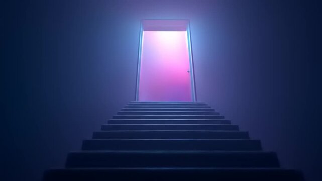 A long staircase ascends to a brightly lit doorway, shrouded in a blue atmosphere
