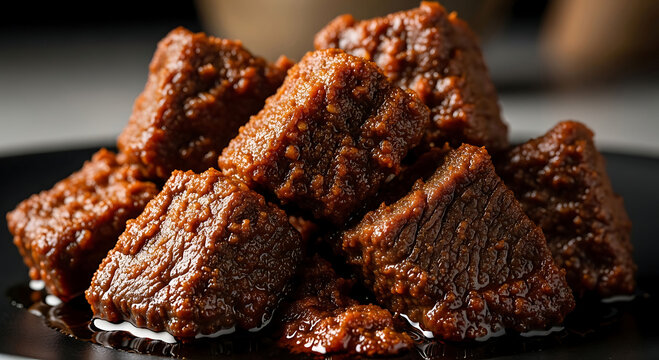 close-up of caramelized beef rendang chunks with glistening spice crust in dark sauce