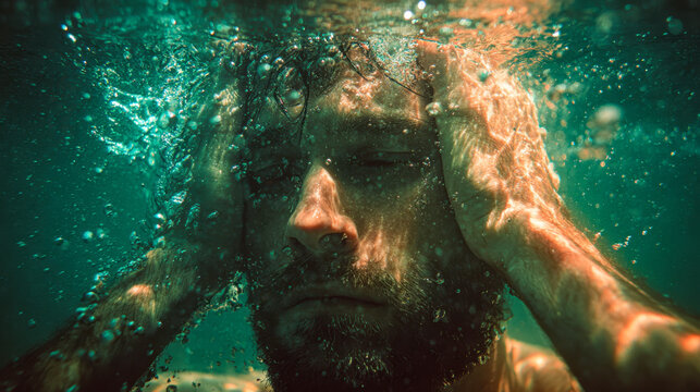 Man with a beard holds his head underwater surrounded by bubbles and shimmering light, capturing a moment of introspection and calm beneath the surface