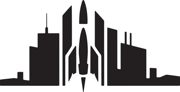 Rocket launching from modern city skyline silhouette, urban development vector icon set