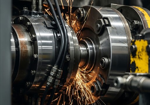 Industrial Machinery Producing Sparks During High Speed Metal Processing