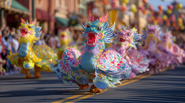 Vibrant Dragon Dance Festival performers parade through crowded street with colorful costumes and lively atmosphere during celebration.