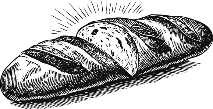 Hand drawn baguette loaf with crispy crust and soft interior slice vintage bakery bread illustration