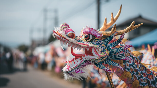 Vibrant Dragon Dance Festival performance on a street during celebrations.