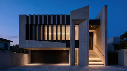Fototapeta premium Modern Concrete House Exterior with Illuminated Staircase at Dusk