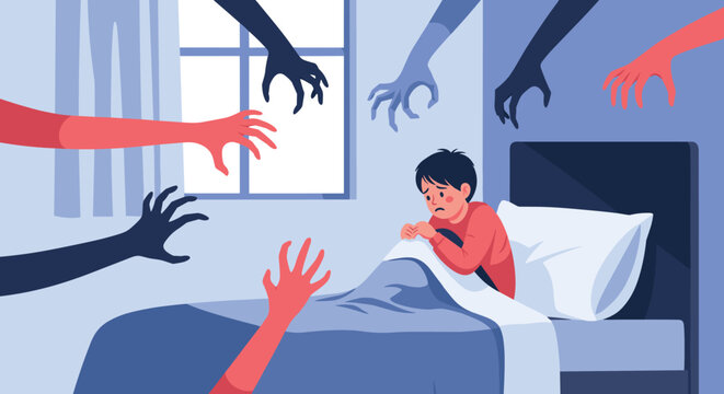 Terrified young child sitting in bed while several shadowy monster hands reach out from the darkness of the bedroom.
