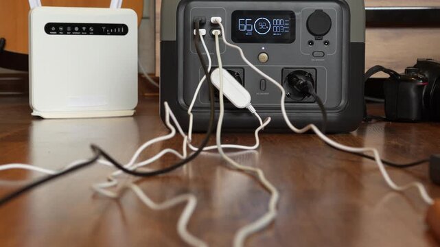 Close up of portable power station with multiple cables connected and charging devices with smooth zoom in. Concept of backup energy, electricity supply and home office power usage.