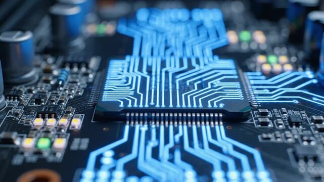 Close up macro shot of a black printed circuit board showing intricate details of electronic components and connections