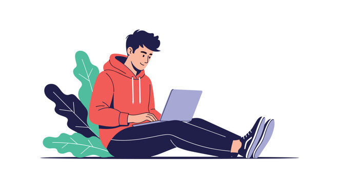 Relaxed young man wearing a red hoodie and black pants sits on the floor with his laptop computer working or studying in a modern way.