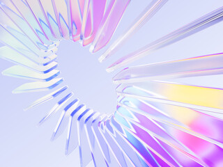 Fototapeta na wymiar Radial glass lines circle pattern with rainbow color gradient. Holographic light beams, crystal stripes, 3D graphic circular array effect. Abstract geometric ring on blue background. 3D illustration