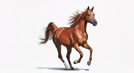 Fototapeta premium Majestic Chestnut Horse Galloping in Mid Stride Captures Dynamic Motion Beauty