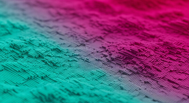 Abstract 3D topographic landscape with pixelated terrain, vibrant pink and teal gradient surface, digital glitch texture for technology backgrounds