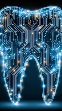 Futuristic Digital Tooth Design Featuring Advanced Circuitry and Illuminated Patterns, Merging Dental Science with High-Tech Aesthetics
