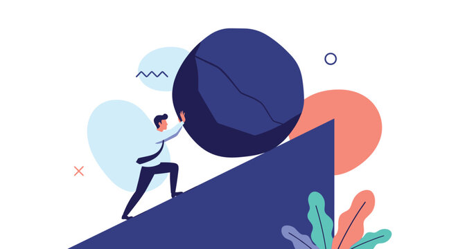 Determined businessman pushes a massive stone boulder up a steep incline, symbolizing strength, perseverance and hard work.