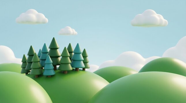 Minimalist 3D forest with stylized pine trees on smooth green hills.