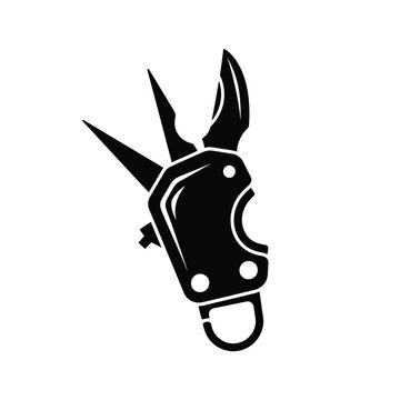 Black silhouette of climbing descender device used for professional vertical rope access.