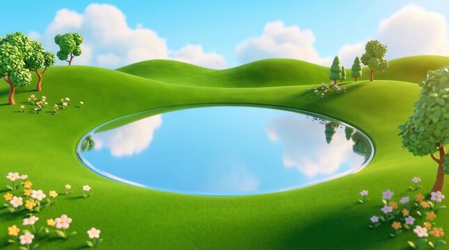 Stylized 3D landscape with a reflective mirror pond in a green meadow.