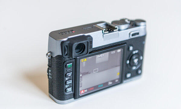 Gothenburg, Sweden - February 11 2013: Rear view of compact mirrorless camera showing screen and controls.