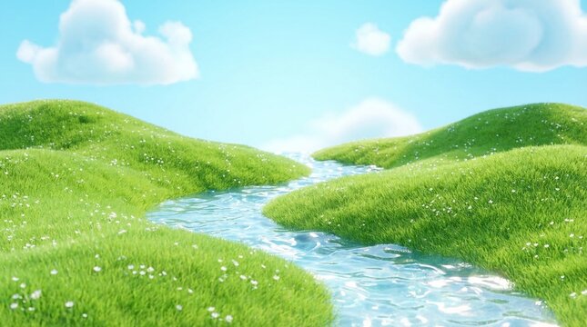 Stylized 3D landscape of a sparkling blue river winding through green hills.