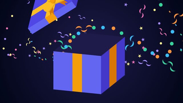 Colorful Gift Box Opening with Confetti Explosion on Dark Background for Celebration and Promotion