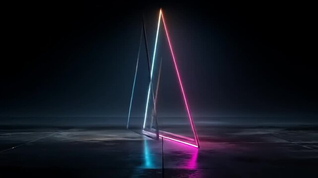 Illuminated gradient neon triangle reflecting on a wet surface, set against a dark background