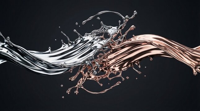 Dynamic splash of silver and rose gold liquid metal on black background.