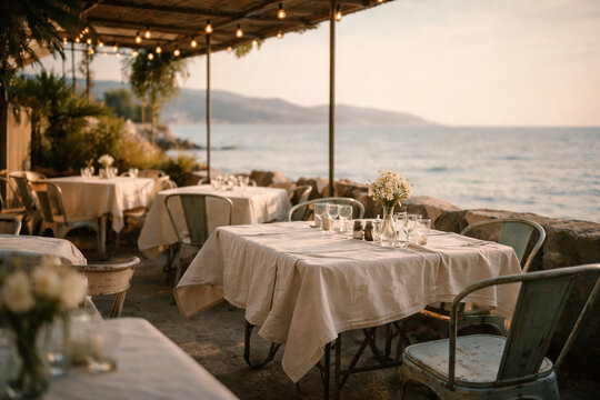 Cozy rustic seaside cafe with string lights and ocean view at sunset, warm evening atmosphere, travel lifestyle concept