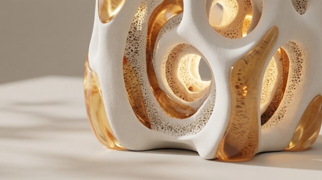 Abstract organic sculpture with white porous texture and amber resin.