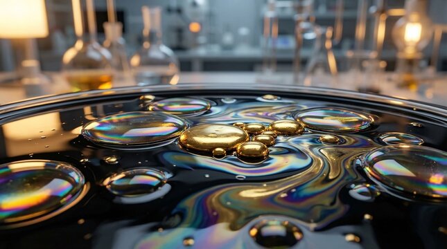 Abstract liquid gold droplets on black iridescent surface in laboratory.
