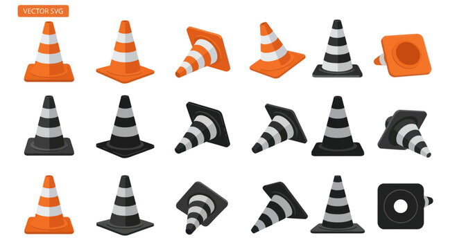 Construction Cones Set: Orange and Black Traffic Safety Warning Cones