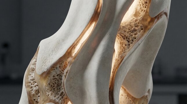 Abstract organic sculpture with porous bone-like texture and internal glow.