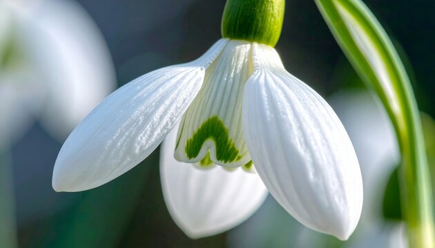 Close Up Macro Photography of Snowdrop Flower with Delicate White Petals and Soft Natural Background