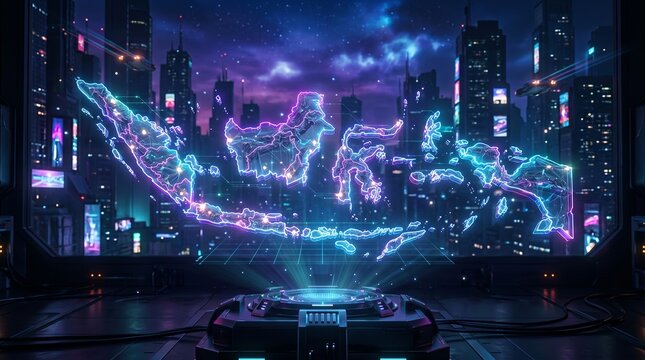 A vibrant, futuristic holographic 3D map of Indonesia glows with neon lights against a backdrop of a modern city skyline at night. Ideal for technology, travel, or global business concepts.