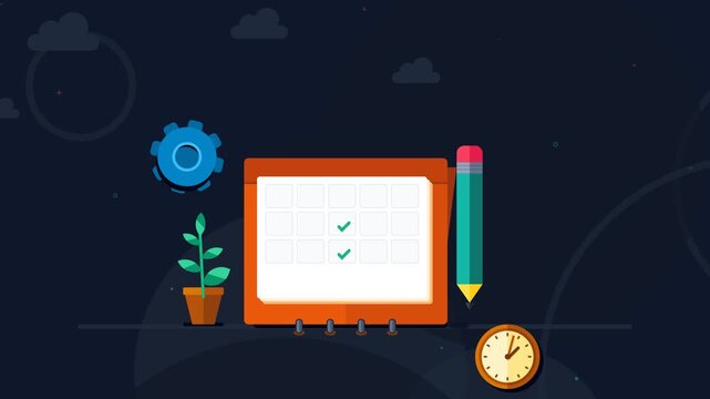 Business Productivity Illustration Featuring a Calendar Checklist Pencil Clock and Gear for Planning