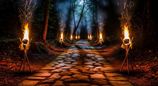 Enchanted forest path lit by torches at night with darkness, mysterious