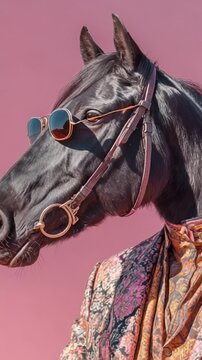 A Stylish Black Horse in Sunglasses Wearing Exquisite Garments Against a Vibrant Pink Background Capturing Elegance and Uniqueness in Animal Fashion Photography