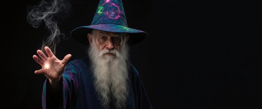 Closeup portrait Elderly male sorcerer on a dark background