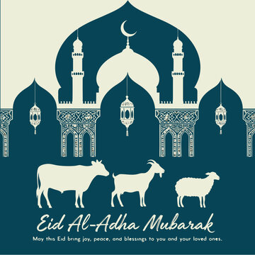 Arabic Islamic calligraphy of the words "Eid al Adha Mubarak" and "Eid Ul Adha Mubarak" card vector design with a lovely Islamic backdrop and moon vector template