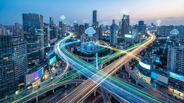 Futuristic City Highway with Glowing Light Trails.