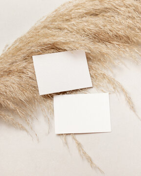 Blank sided cards set mockup on beige stone with pampas grass top view, boho wedding stationery