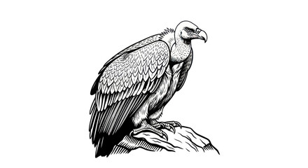 Vulture perched on rock, black and white ink sketch illustration © siti