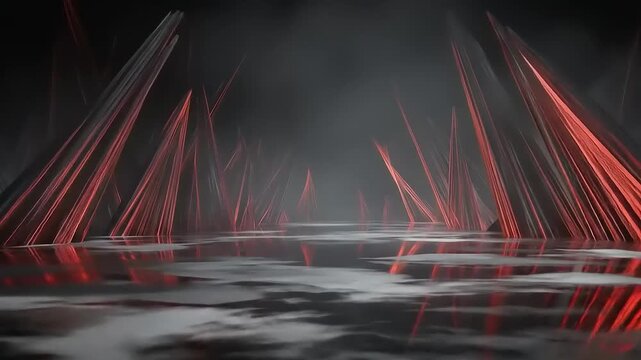 An abstract, moody scene with red-glowing, angular structures, reflected in a wet surface