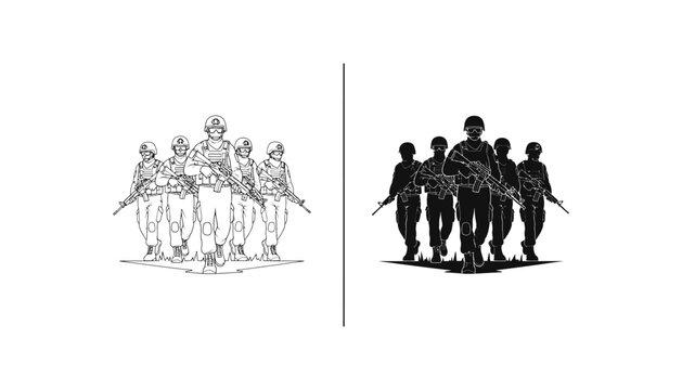 Group of soldiers marching in formation in outline and solid black silhouette style for military and tactical graphic design projects