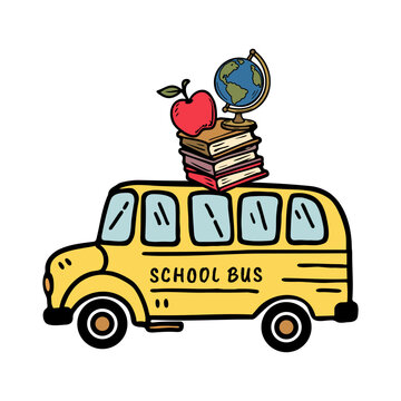 Cute school bus carrying books, a red apple, and a globe on top. A playful illustration symbolizing education, learning, and back to school themes.