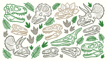 Dinosaur skull fossil doodle set with prehistoric leaves and footprints © Ghaghah24
