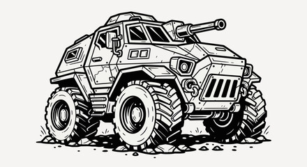 Military vehicle illustration black and white © EBODA
